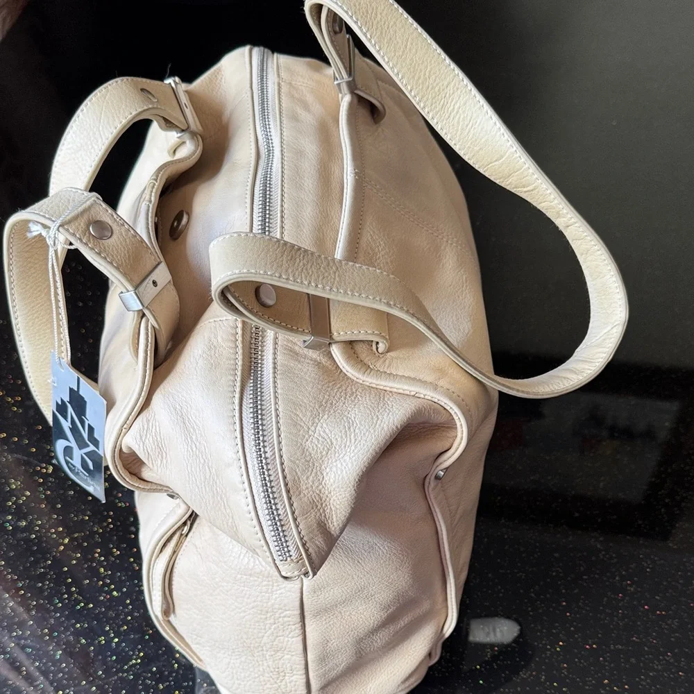 Perlina Cream Leather Duffel Bag with Dual Straps